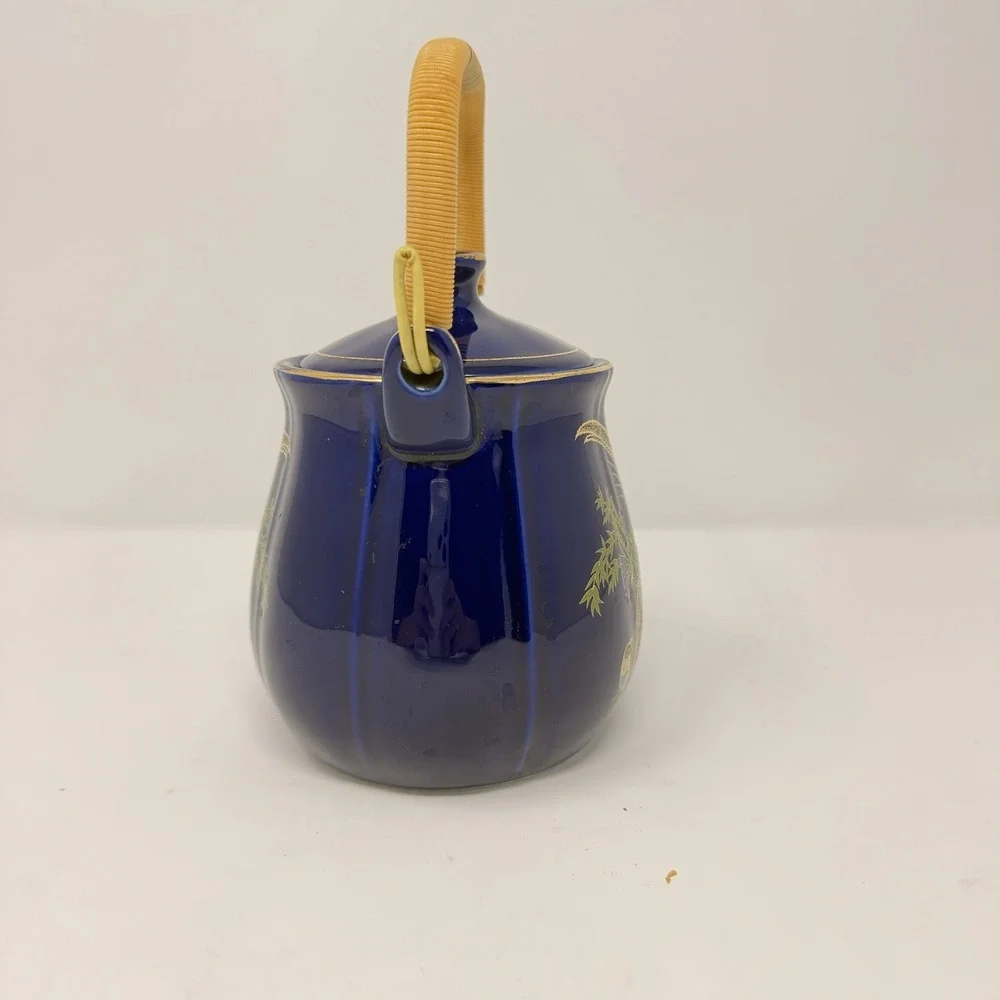 Vintage Japanese Cobalt Blue Gold Teapot Pheasant Bamboo Rattan Handle 7.5